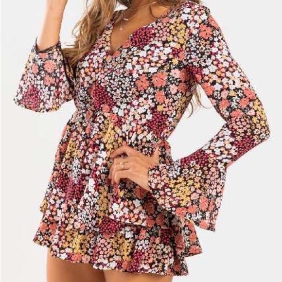 New 70s Boho Floral Print Chiffon Romper Dress - Picture 2 of 5